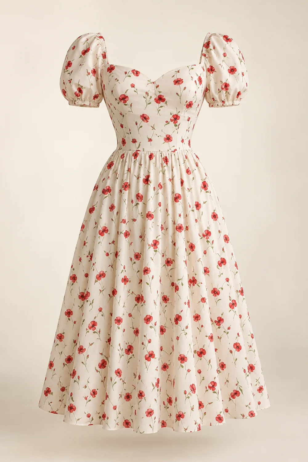 Anaïs Garden Dress, cream cotton poplin with small red poppy flowers, sweetheart neckline, short sleeves, fitted waist, midi