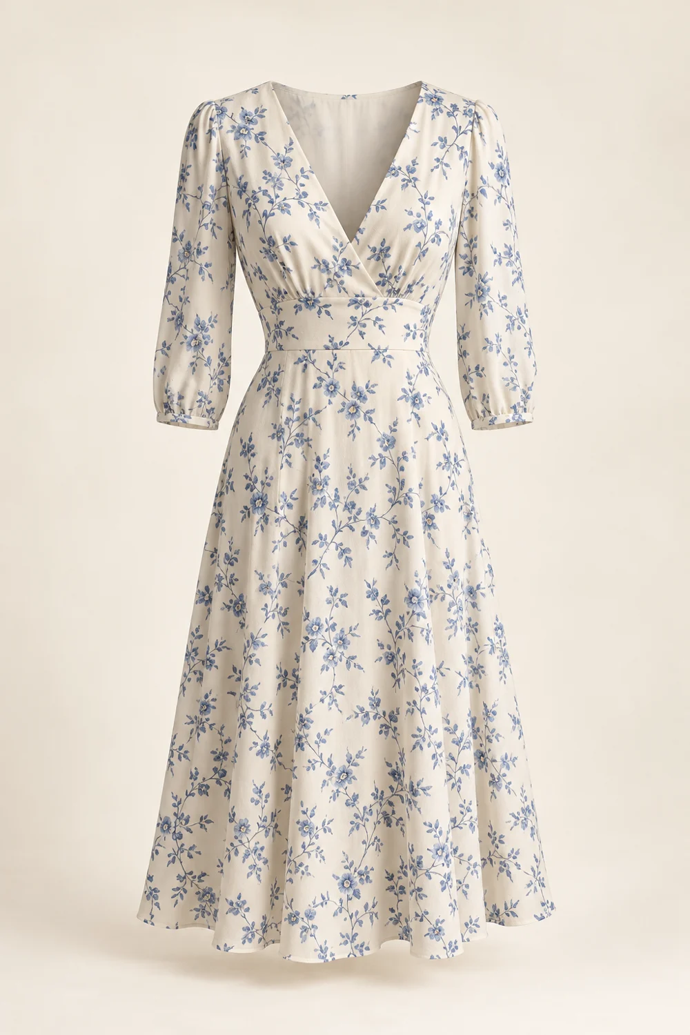 Juliette Midi Dress, ivory viscose with small blue floral branches, V neck, three quarter sleeves, fitted waist, midi