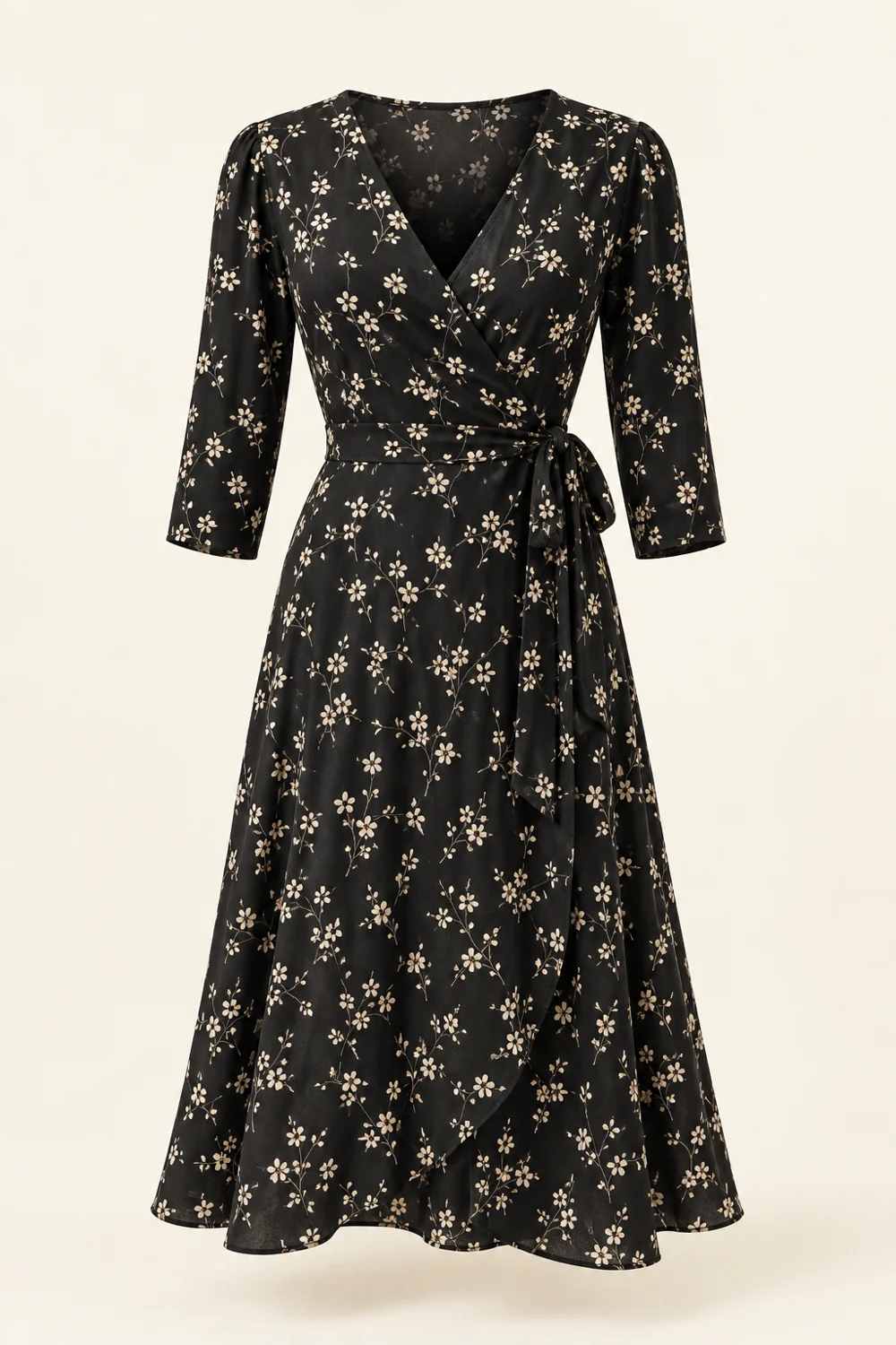 Léonie Wrap Dress, black viscose with small cream floral branches, V neck, three quarter sleeves, true wrap midi, side waist tie