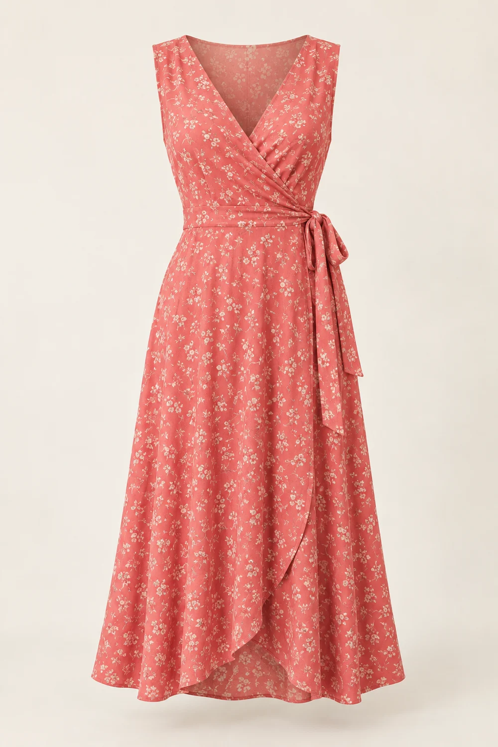 Lucie Wrap Dress, coral pink viscose with tiny cream flowers, V neck, sleeveless, true wrap midi, side waist tie